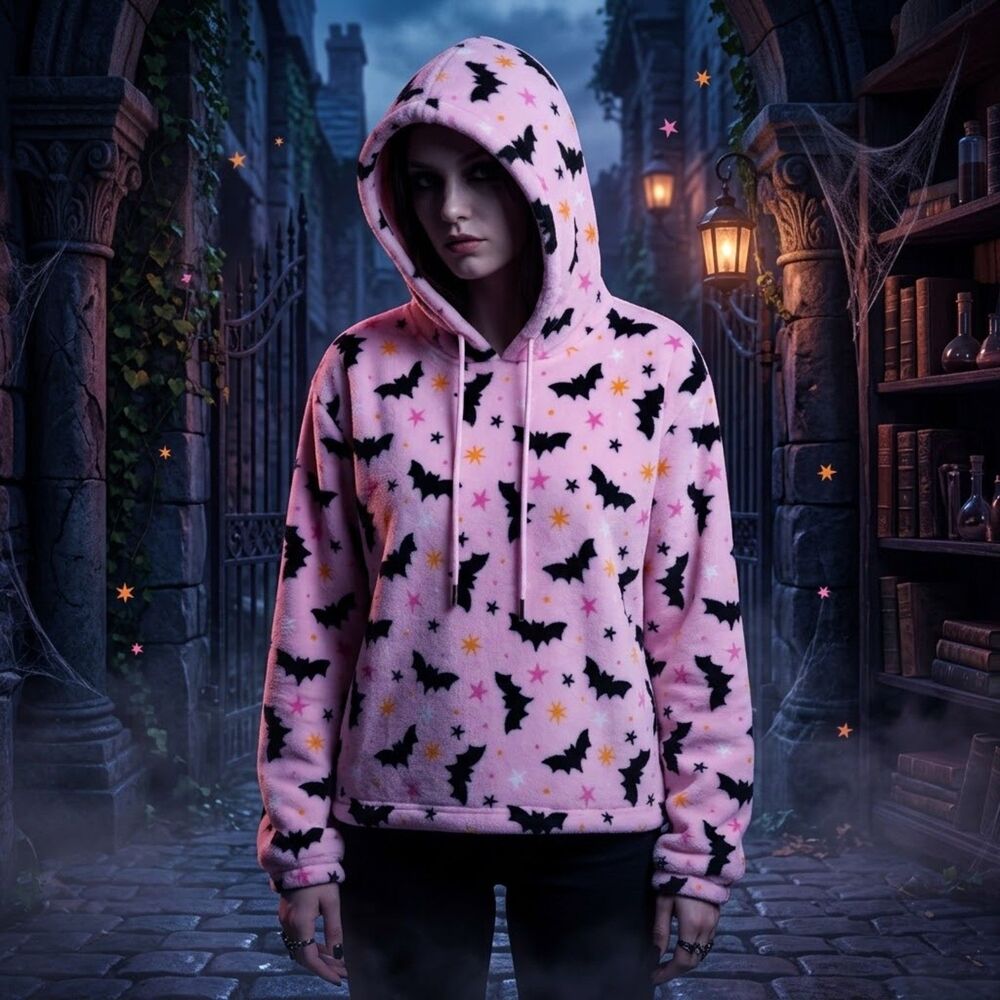 NWT Angel Cult Pink Spooky Bat Plush Fleece Hoodie XL Pastel Goth Coquette